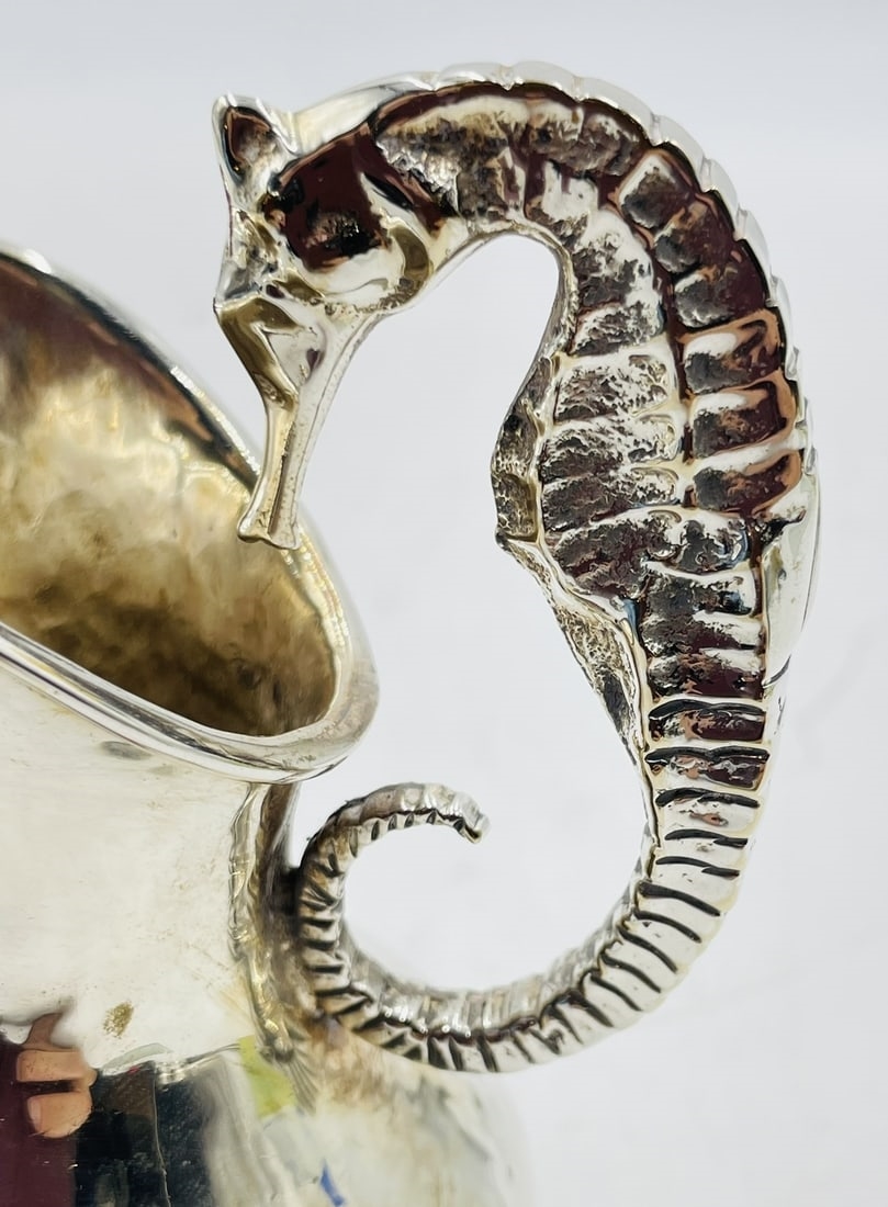 Artwork by Los Castillo, Silver Plated Creamer Pitcher With Seahorse Handle by Los Castillo, Mexico 1970's, Made of Silver plated