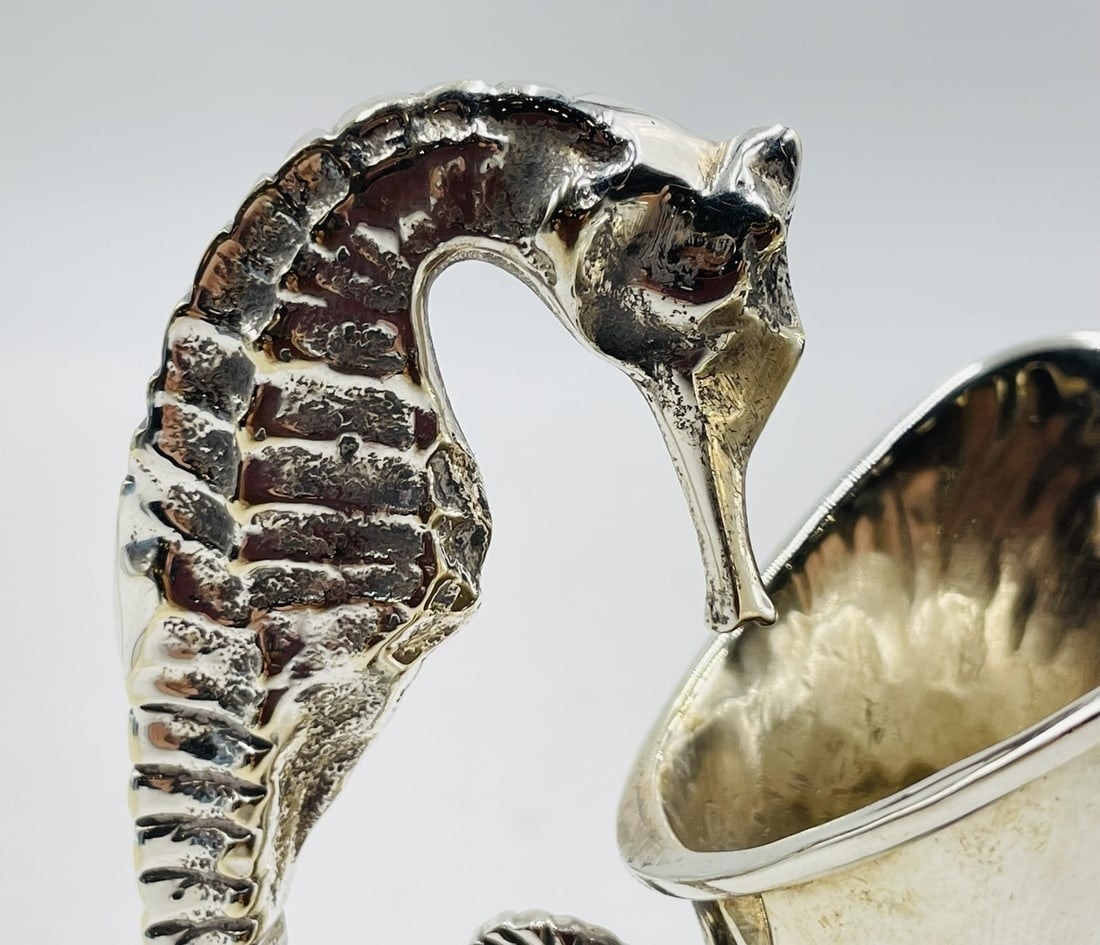Artwork by Los Castillo, Silver Plated Creamer Pitcher With Seahorse Handle by Los Castillo, Mexico 1970's, Made of Silver plated