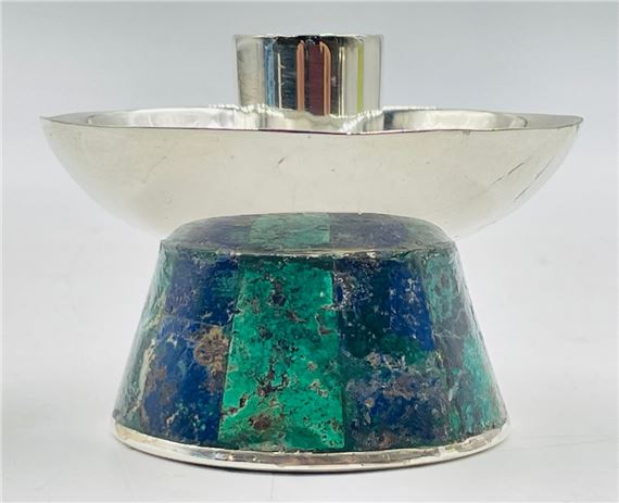 Vintage Candle Holder in Malachite, Lapis Lazuli & Silverplate by Los Castillo