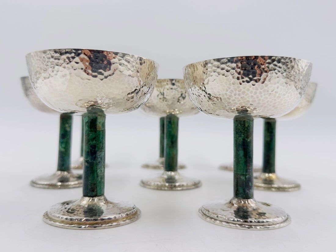 Artwork by Los Castillo, Set of 8 Hammered Silver & Inlaid Malachite Water/Wine Glasses by Los Castillo, Mexico 20th Century, Made of hammered silver and inlaid malachite stone