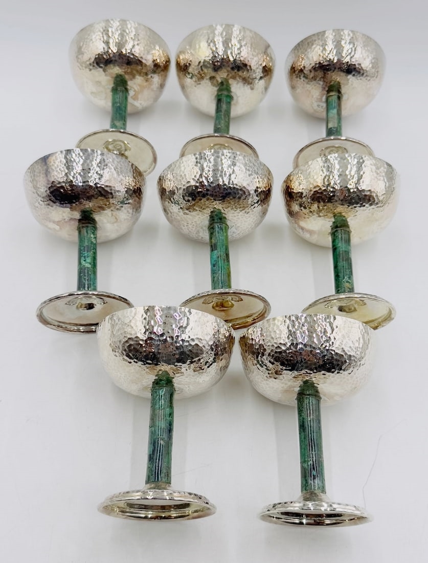 Artwork by Los Castillo, Set of 8 Hammered Silver & Inlaid Malachite Water/Wine Glasses by Los Castillo, Mexico 20th Century, Made of hammered silver and inlaid malachite stone