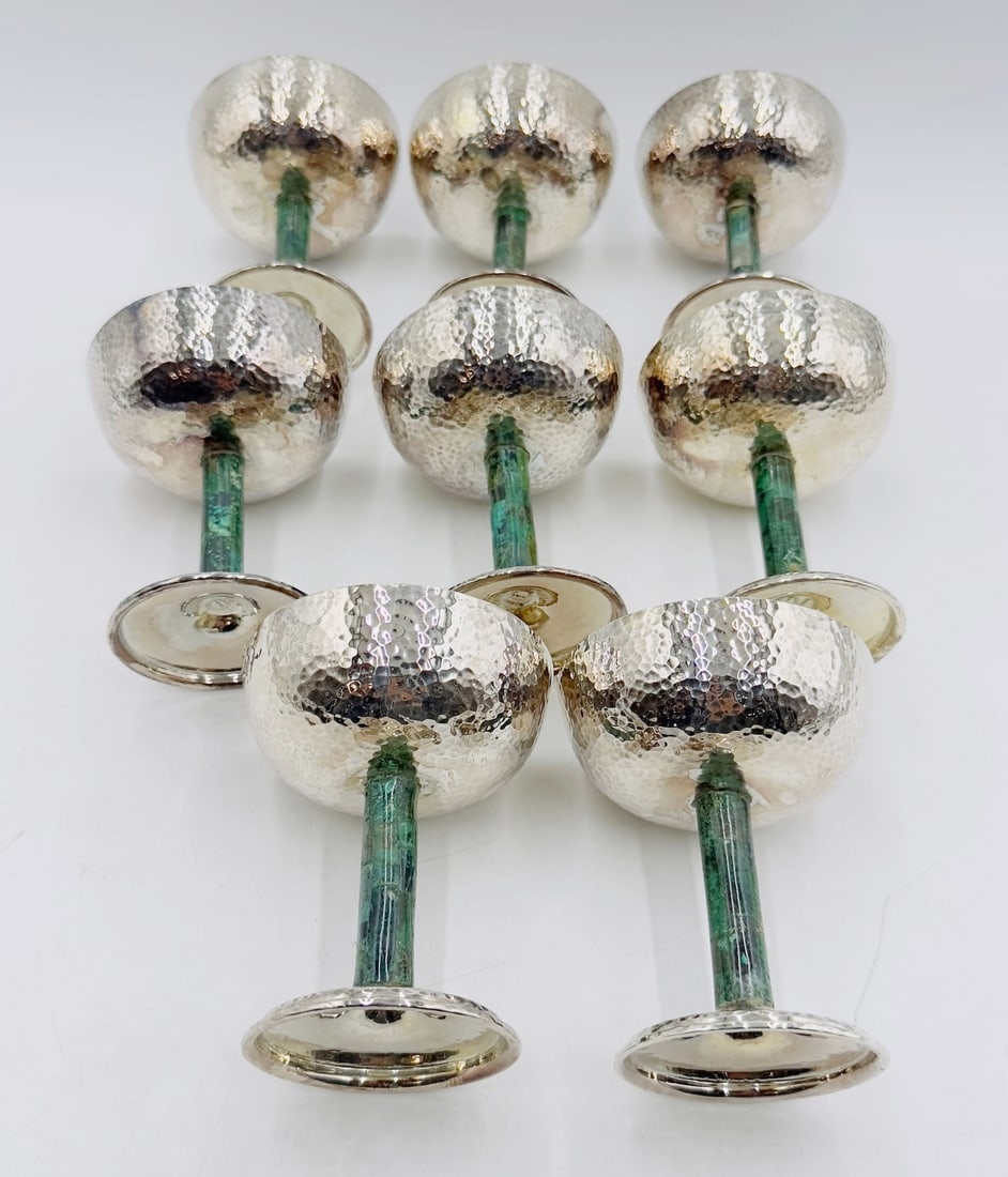 Artwork by Los Castillo, Set of 8 Hammered Silver & Inlaid Malachite Water/Wine Glasses by Los Castillo, Mexico 20th Century, Made of hammered silver and inlaid malachite stone