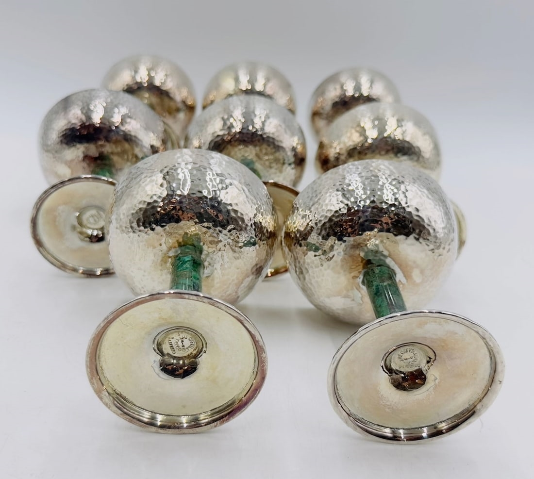 Artwork by Los Castillo, Set of 8 Hammered Silver & Inlaid Malachite Water/Wine Glasses by Los Castillo, Mexico 20th Century, Made of hammered silver and inlaid malachite stone