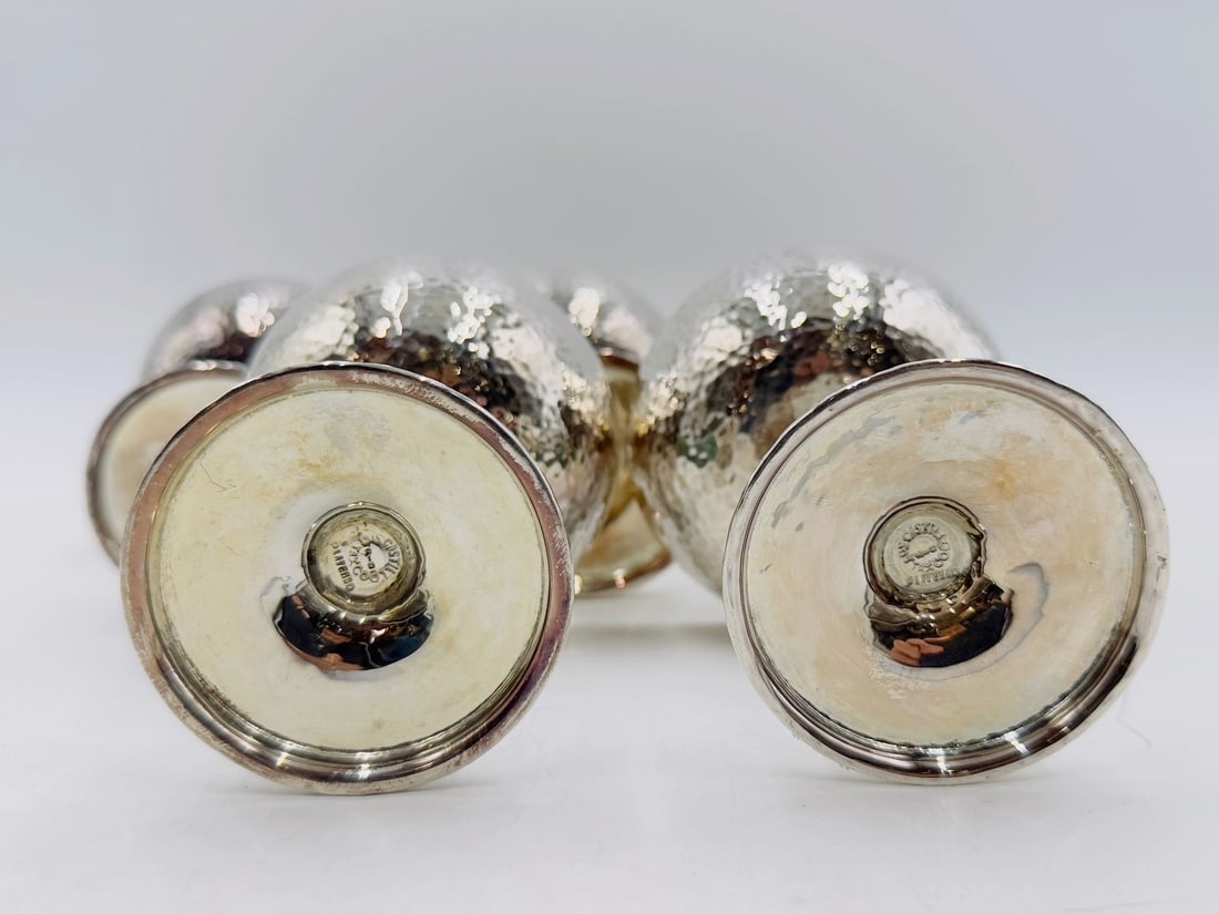 Artwork by Los Castillo, Set of 8 Hammered Silver & Inlaid Malachite Water/Wine Glasses by Los Castillo, Mexico 20th Century, Made of hammered silver and inlaid malachite stone