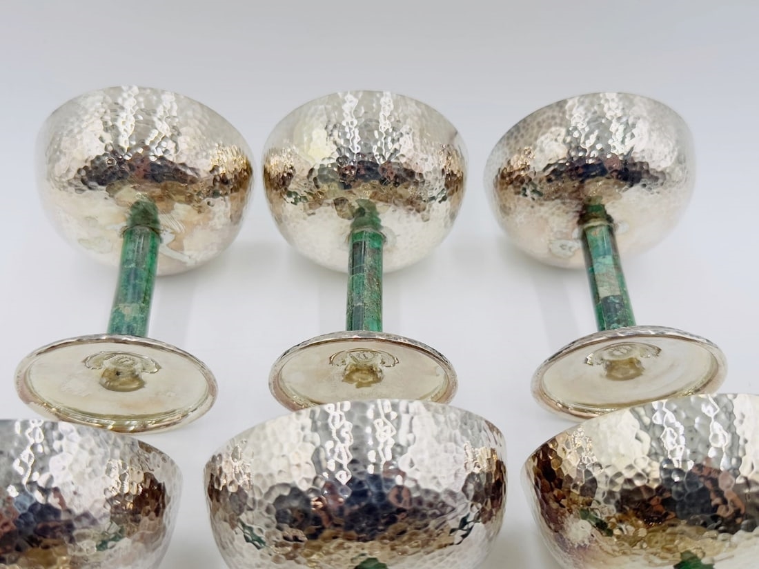 Artwork by Los Castillo, Set of 8 Hammered Silver & Inlaid Malachite Water/Wine Glasses by Los Castillo, Mexico 20th Century, Made of hammered silver and inlaid malachite stone