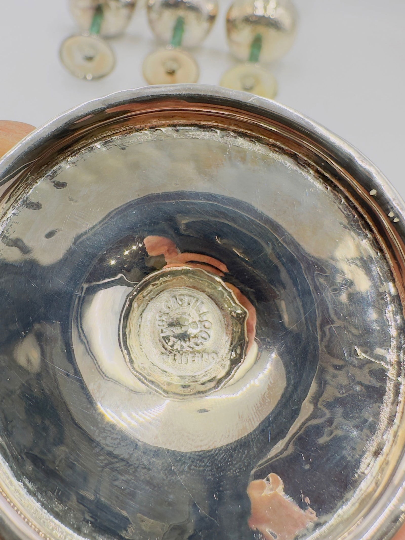 Artwork by Los Castillo, Set of 8 Hammered Silver & Inlaid Malachite Water/Wine Glasses by Los Castillo, Mexico 20th Century, Made of hammered silver and inlaid malachite stone