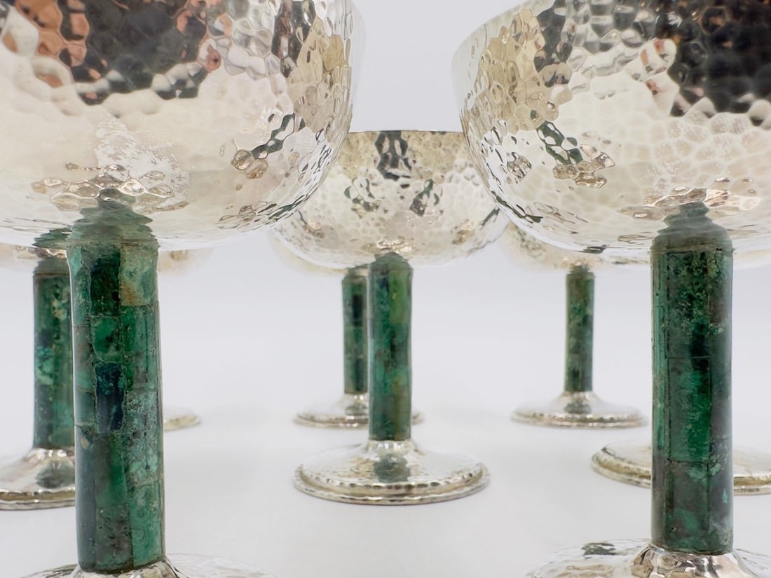 Artwork by Los Castillo, Set of 8 Hammered Silver & Inlaid Malachite Water/Wine Glasses by Los Castillo, Mexico 20th Century, Made of hammered silver and inlaid malachite stone
