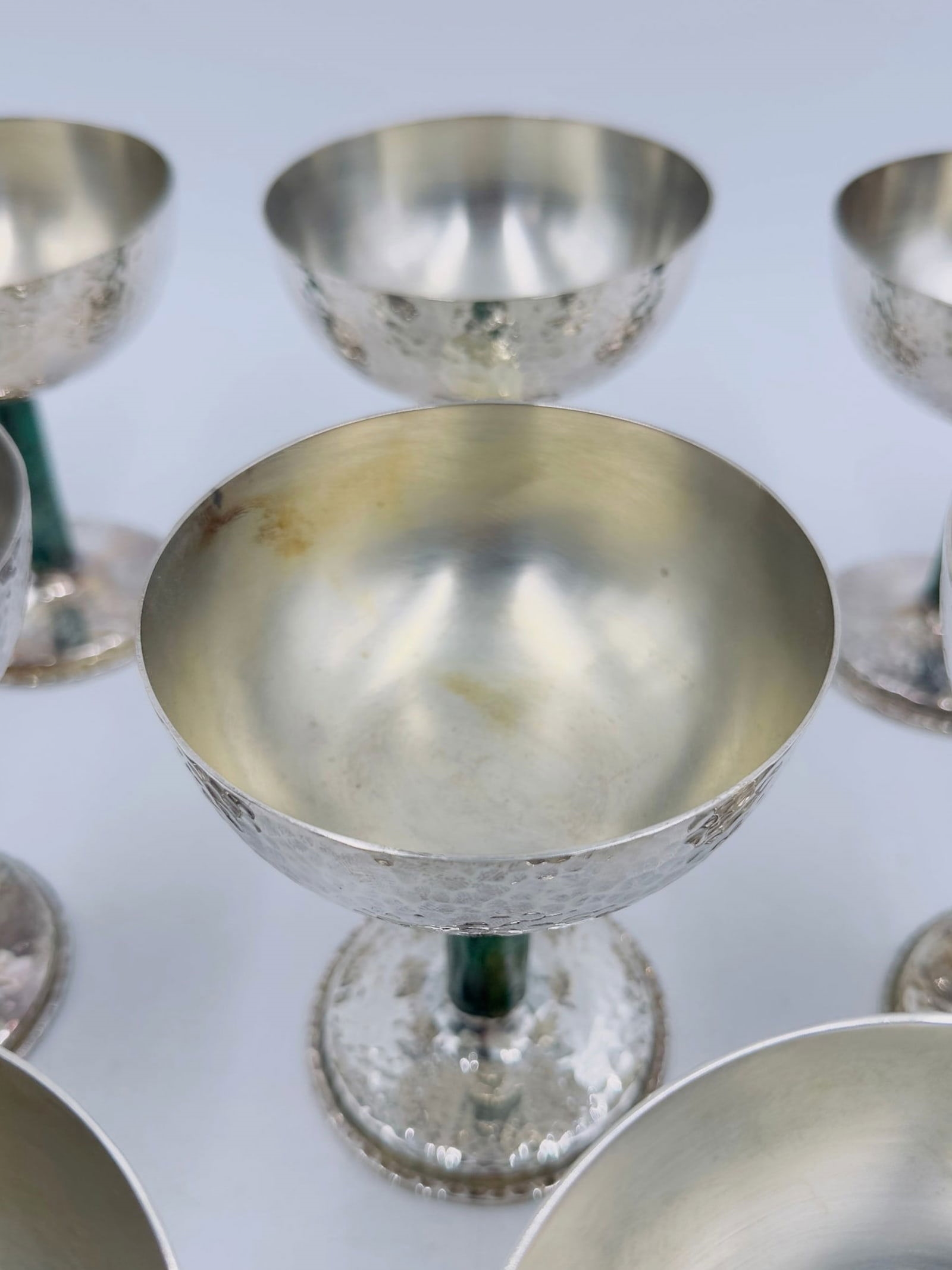 Artwork by Los Castillo, Set of 8 Hammered Silver & Inlaid Malachite Water/Wine Glasses by Los Castillo, Mexico 20th Century, Made of hammered silver and inlaid malachite stone
