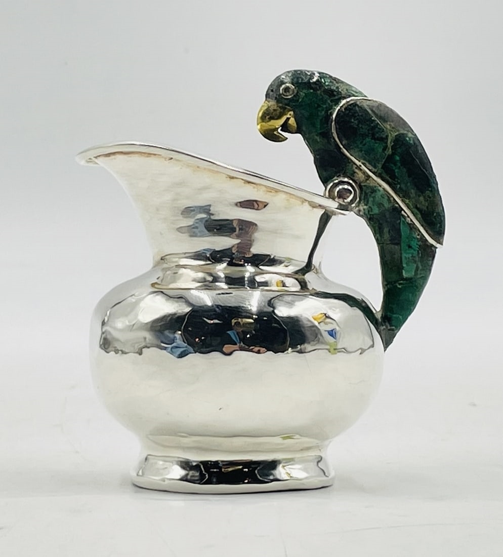 Artwork by Los Castillo, Vintage Creamer Pitcher in Malachite, Lapis Lazuli & Silverplate by Los Castillo, Made of sculpture is made in brass with malachite