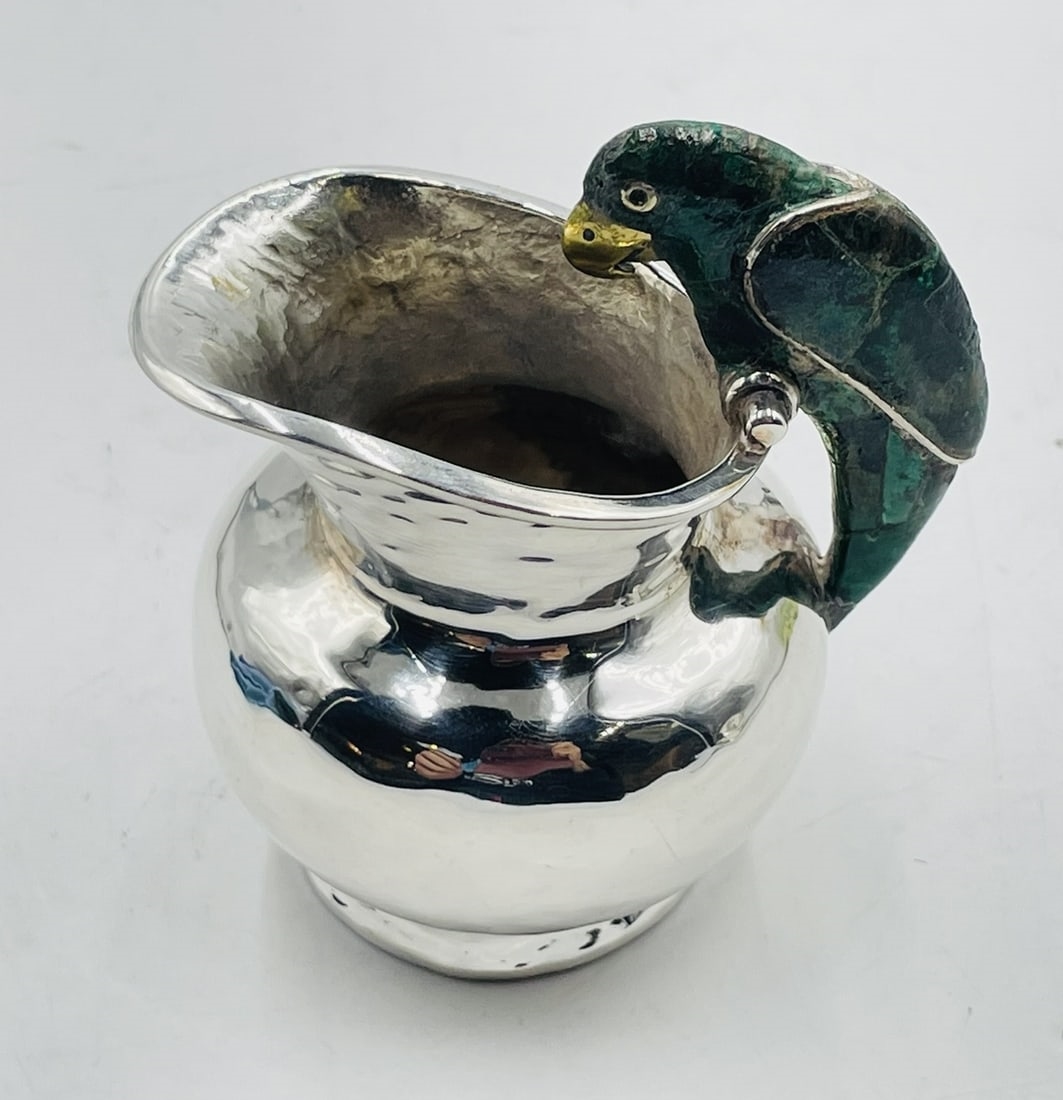 Artwork by Los Castillo, Vintage Creamer Pitcher in Malachite, Lapis Lazuli & Silverplate by Los Castillo, Made of sculpture is made in brass with malachite