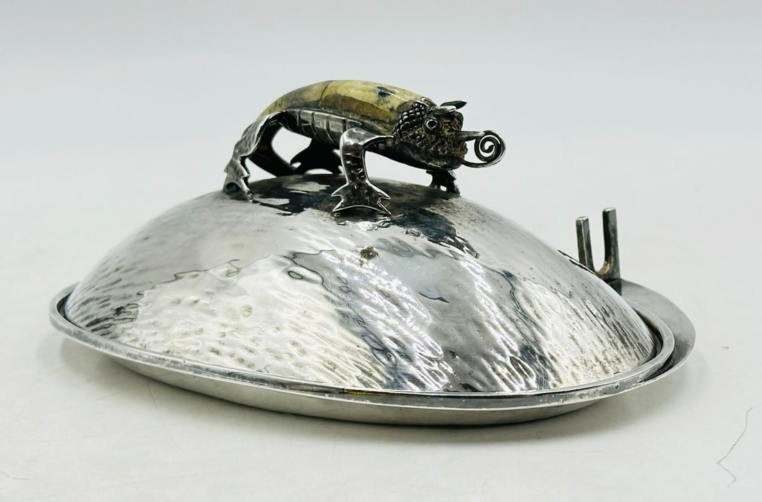 Artwork by Los Castillo, Vintage Butter/Cheese Dish in Hardstone & Silver-Plate by Los Castillo, Mexico 1970s, Made of Silver plated