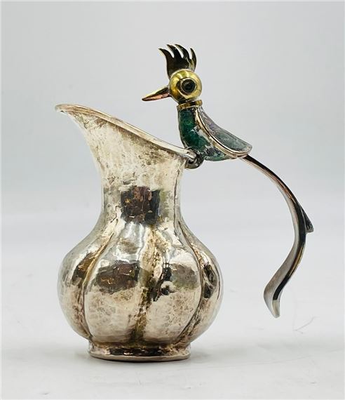 Silver Plated & Stone Inlay Creamer Pitcher With Bird Handle by Los Castillo, Mexico 1960s
