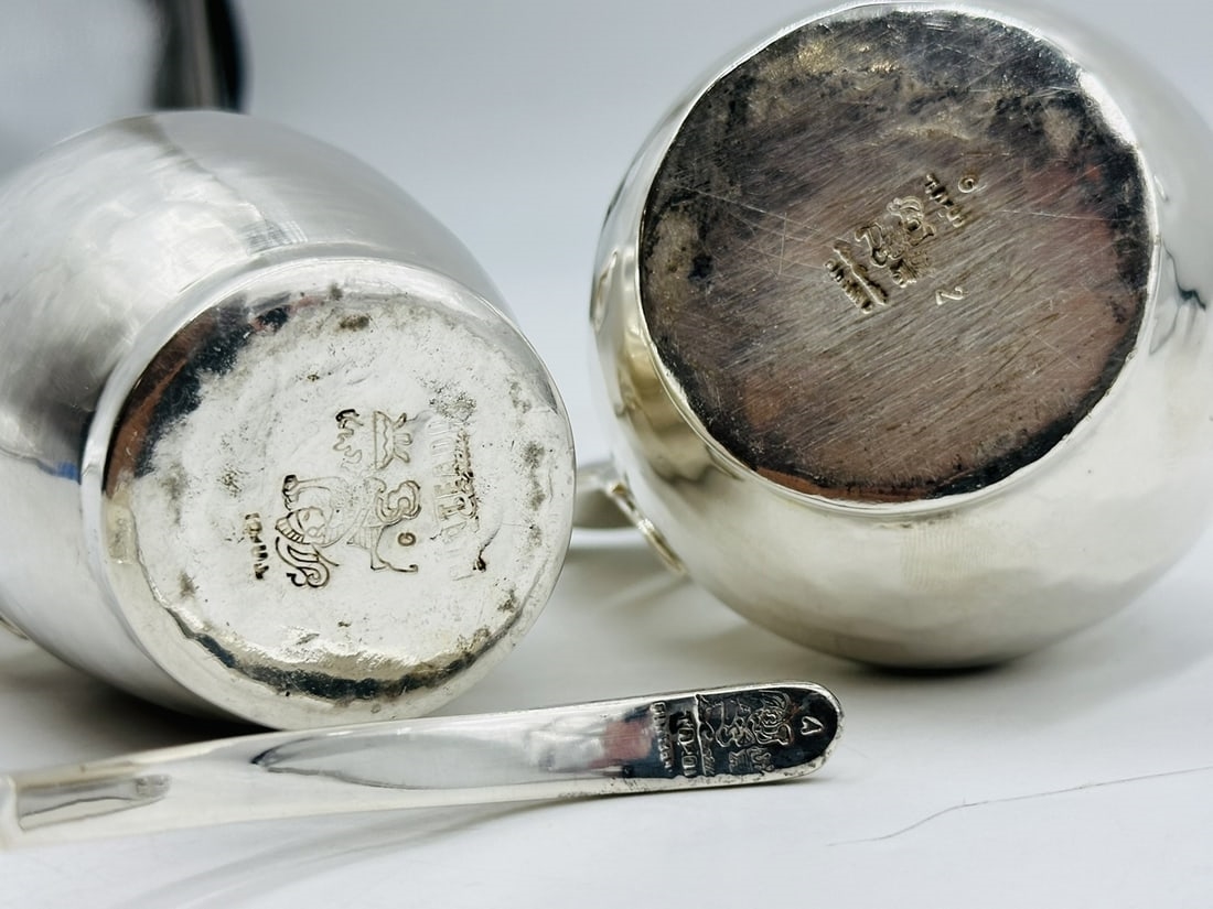 Artwork by Los Castillo, Pitcher and Lidded Pot with Dolphin Handles by Los Castillo, 20th Century Mexico, Made of silver & brass