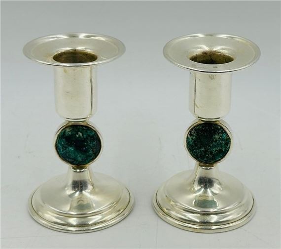Pair of Silver-Plated & Stone Inlay Candle Holders by Los Castillo
