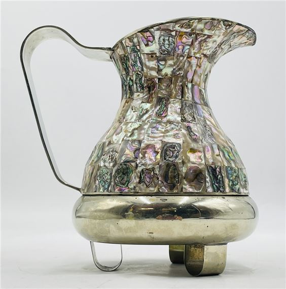 Large Water Pitcher in Alpaca Silver & Abalone Shell Inlay after Los Castillo, Mexico 1960's
