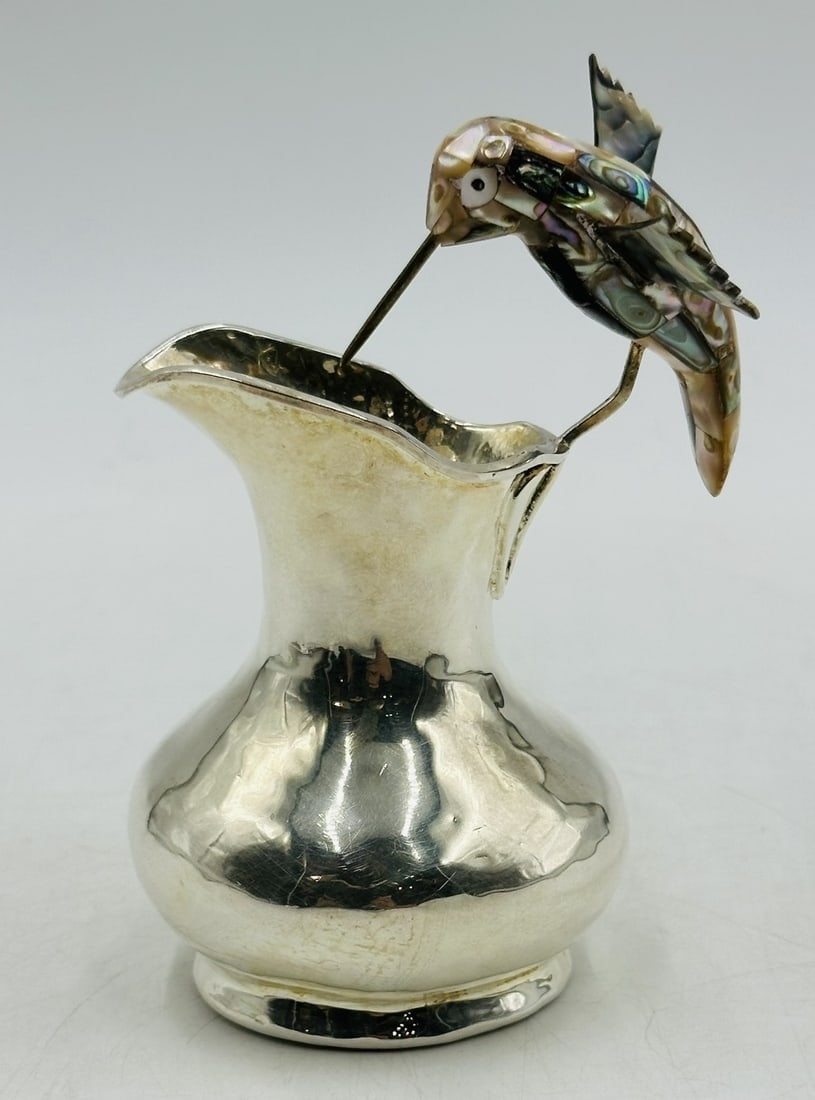 Artwork by Los Castillo, Los Castillo Hummingbird Pitcher With Abalone Shell Body, Mexico 20th Century, Made of Brass