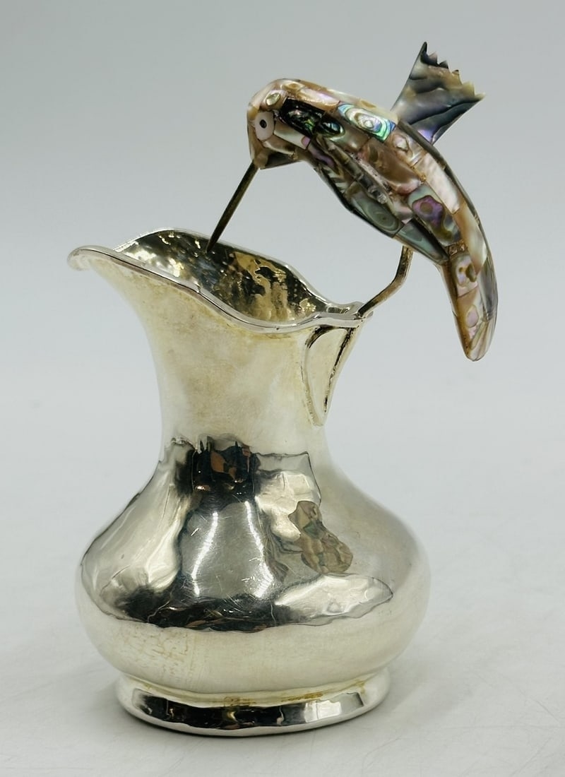 Artwork by Los Castillo, Los Castillo Hummingbird Pitcher With Abalone Shell Body, Mexico 20th Century, Made of Brass