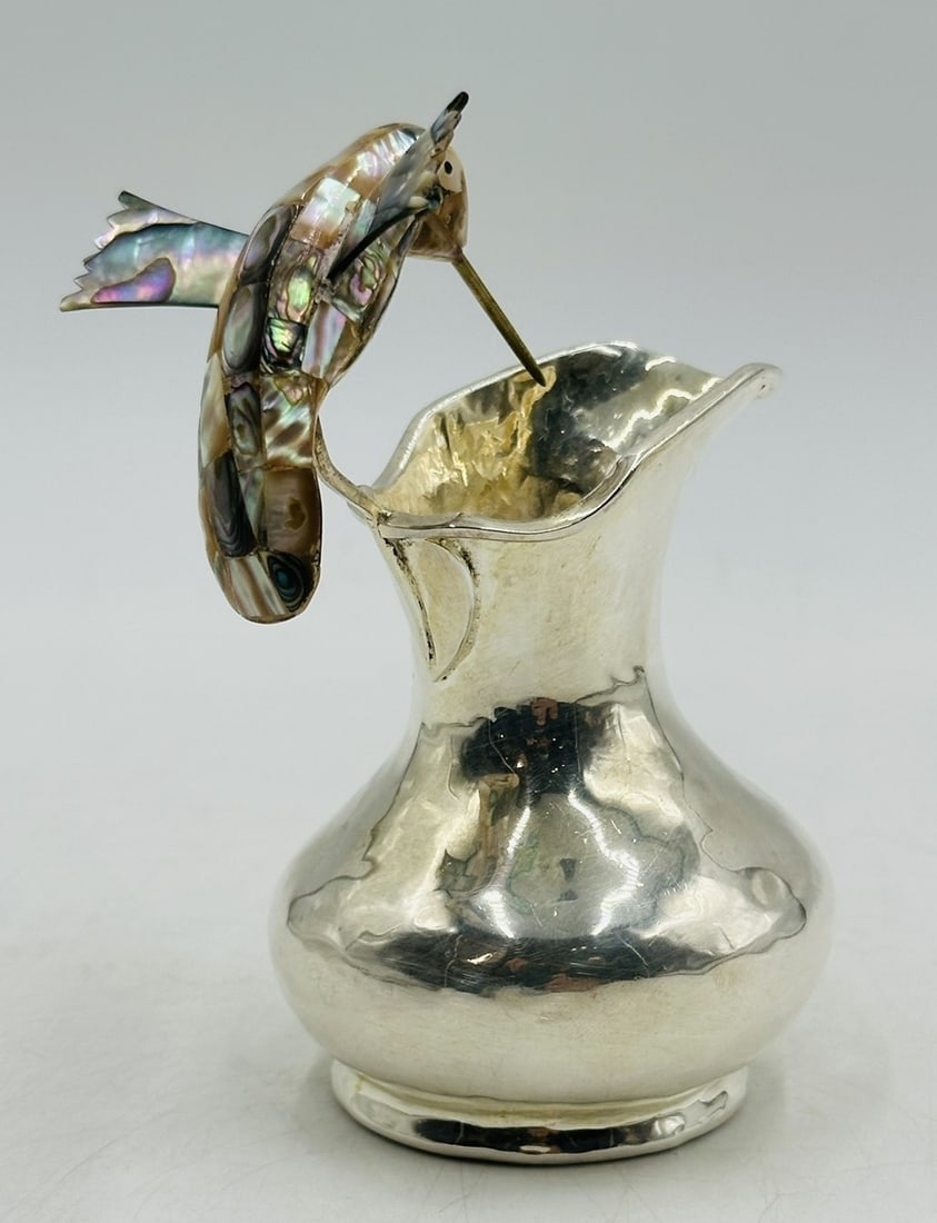 Artwork by Los Castillo, Los Castillo Hummingbird Pitcher With Abalone Shell Body, Mexico 20th Century, Made of Brass