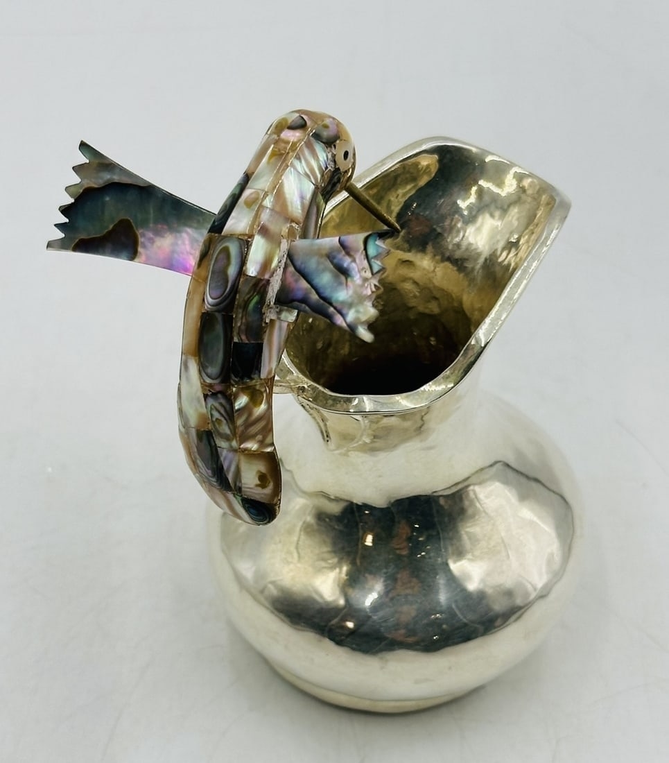 Artwork by Los Castillo, Los Castillo Hummingbird Pitcher With Abalone Shell Body, Mexico 20th Century, Made of Brass
