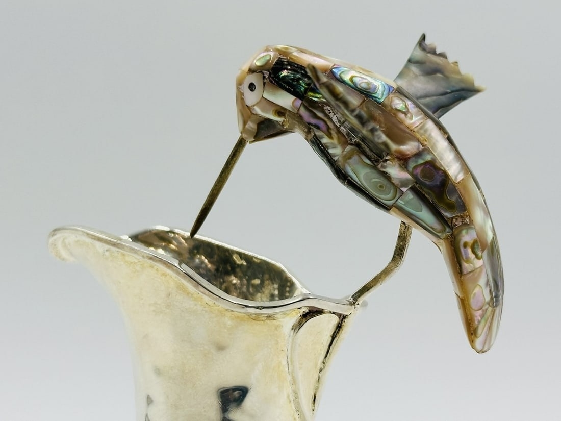 Artwork by Los Castillo, Los Castillo Hummingbird Pitcher With Abalone Shell Body, Mexico 20th Century, Made of Brass