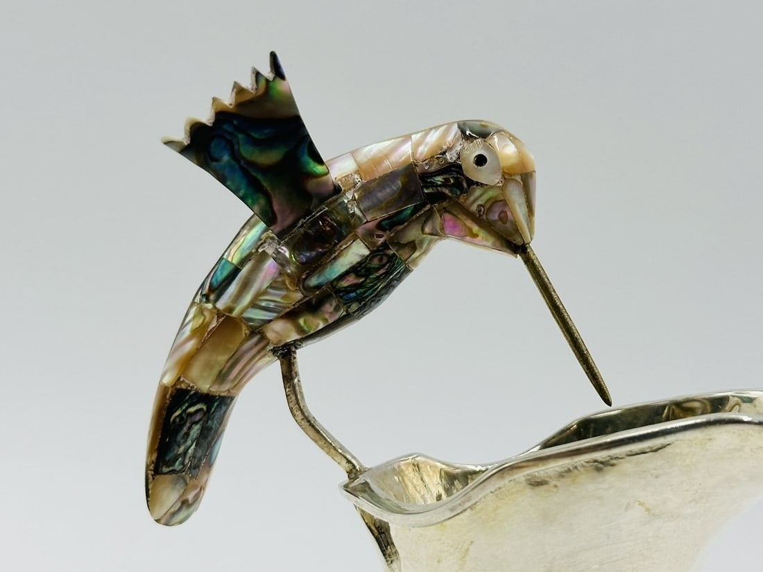 Artwork by Los Castillo, Los Castillo Hummingbird Pitcher With Abalone Shell Body, Mexico 20th Century, Made of Brass