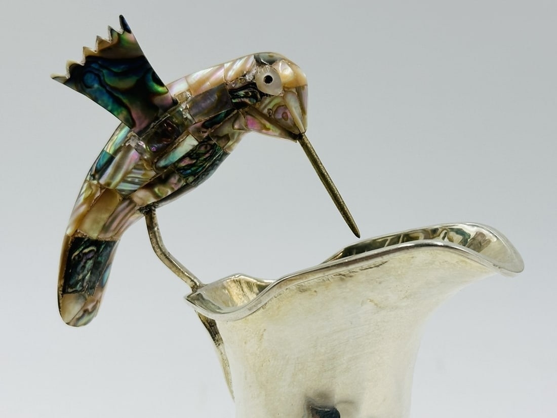 Artwork by Los Castillo, Los Castillo Hummingbird Pitcher With Abalone Shell Body, Mexico 20th Century, Made of Brass