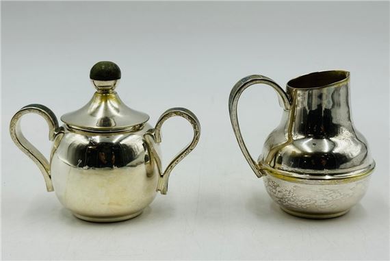 Los Castillo Creamer & Sugar Pot, Silver With Stone Inlay, Mexico 20th Century, Signed by Los Castillo, late 20th century