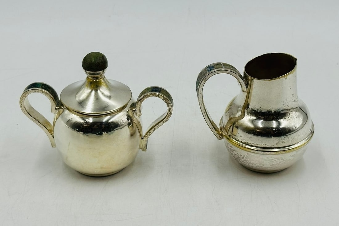 Artwork by Los Castillo, Los Castillo Creamer & Sugar Pot, Silver With Stone Inlay, Mexico 20th Century, Signed, Made of Brass