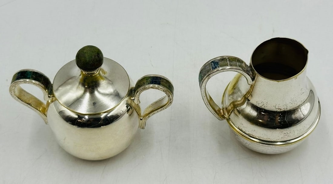 Artwork by Los Castillo, Los Castillo Creamer & Sugar Pot, Silver With Stone Inlay, Mexico 20th Century, Signed, Made of Brass