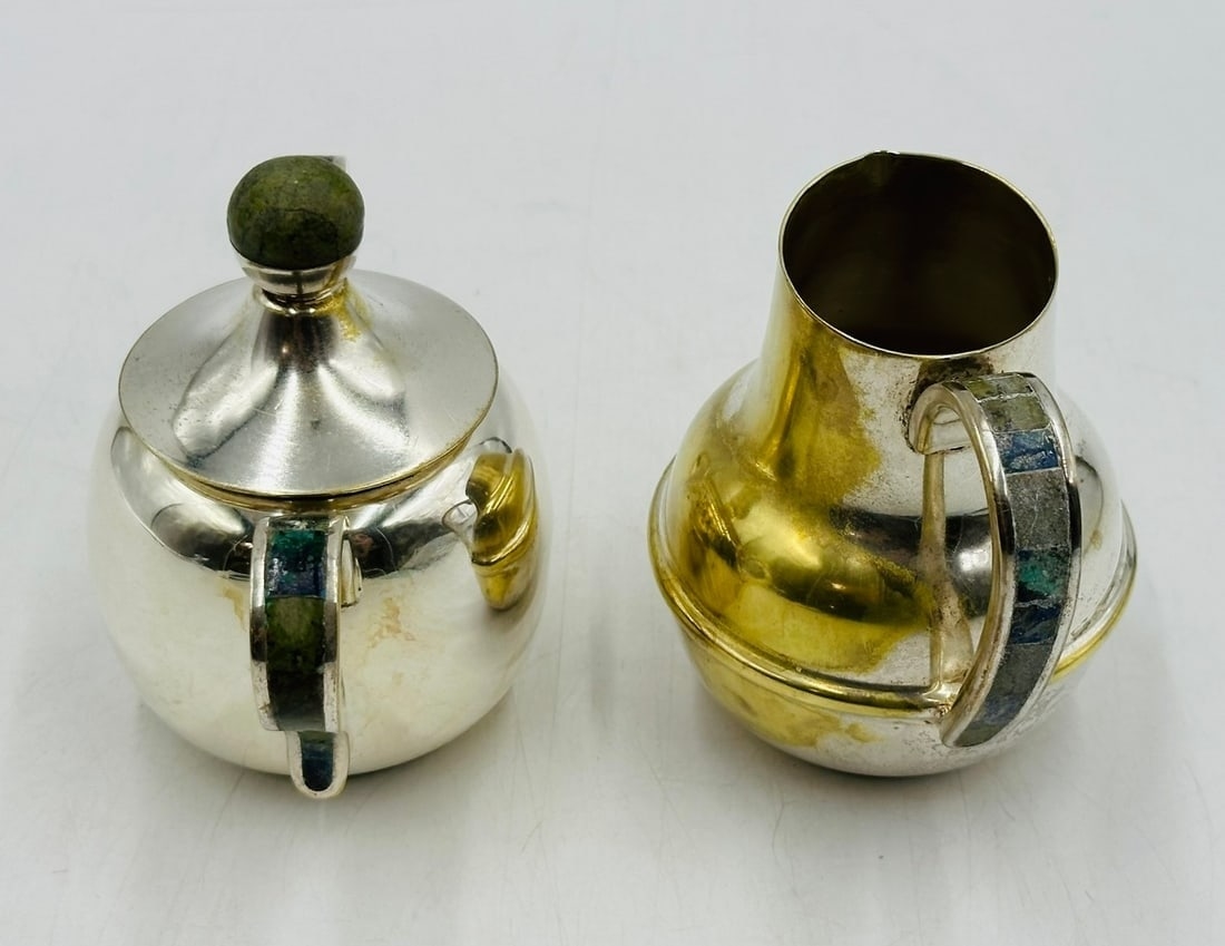 Artwork by Los Castillo, Los Castillo Creamer & Sugar Pot, Silver With Stone Inlay, Mexico 20th Century, Signed, Made of Brass