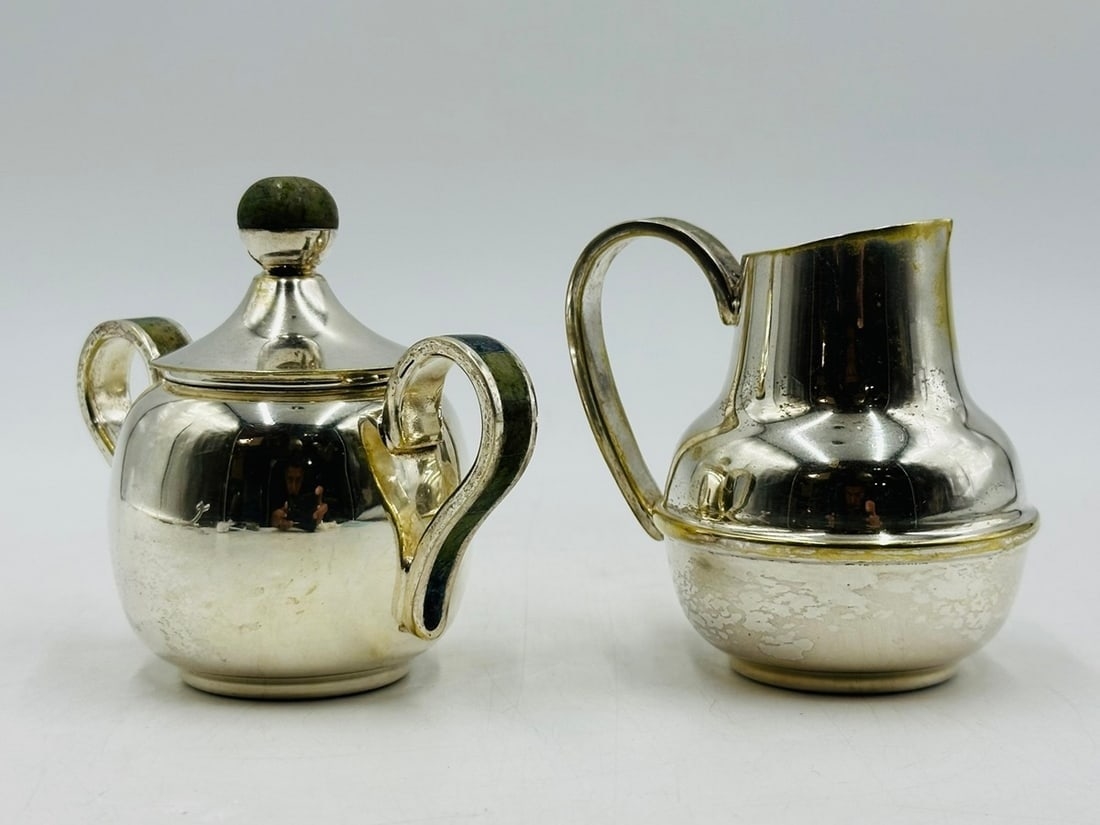 Artwork by Los Castillo, Los Castillo Creamer & Sugar Pot, Silver With Stone Inlay, Mexico 20th Century, Signed, Made of Brass