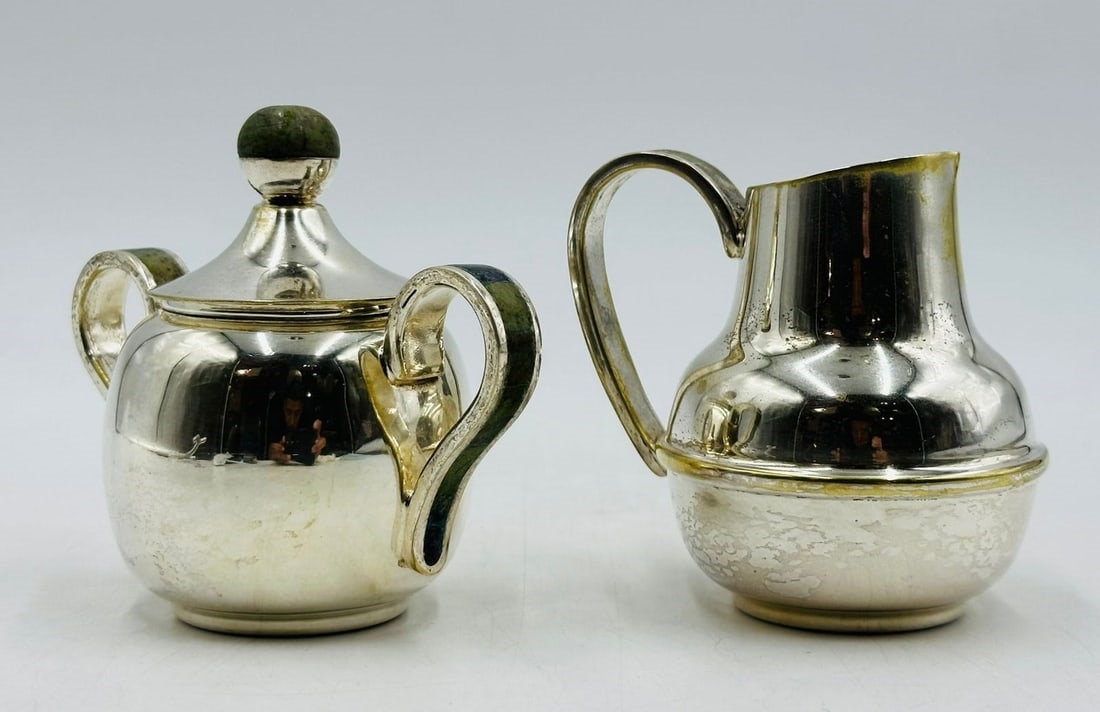 Artwork by Los Castillo, Los Castillo Creamer & Sugar Pot, Silver With Stone Inlay, Mexico 20th Century, Signed, Made of Brass