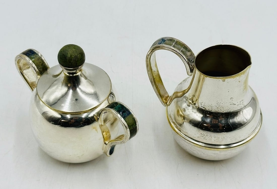 Artwork by Los Castillo, Los Castillo Creamer & Sugar Pot, Silver With Stone Inlay, Mexico 20th Century, Signed, Made of Brass