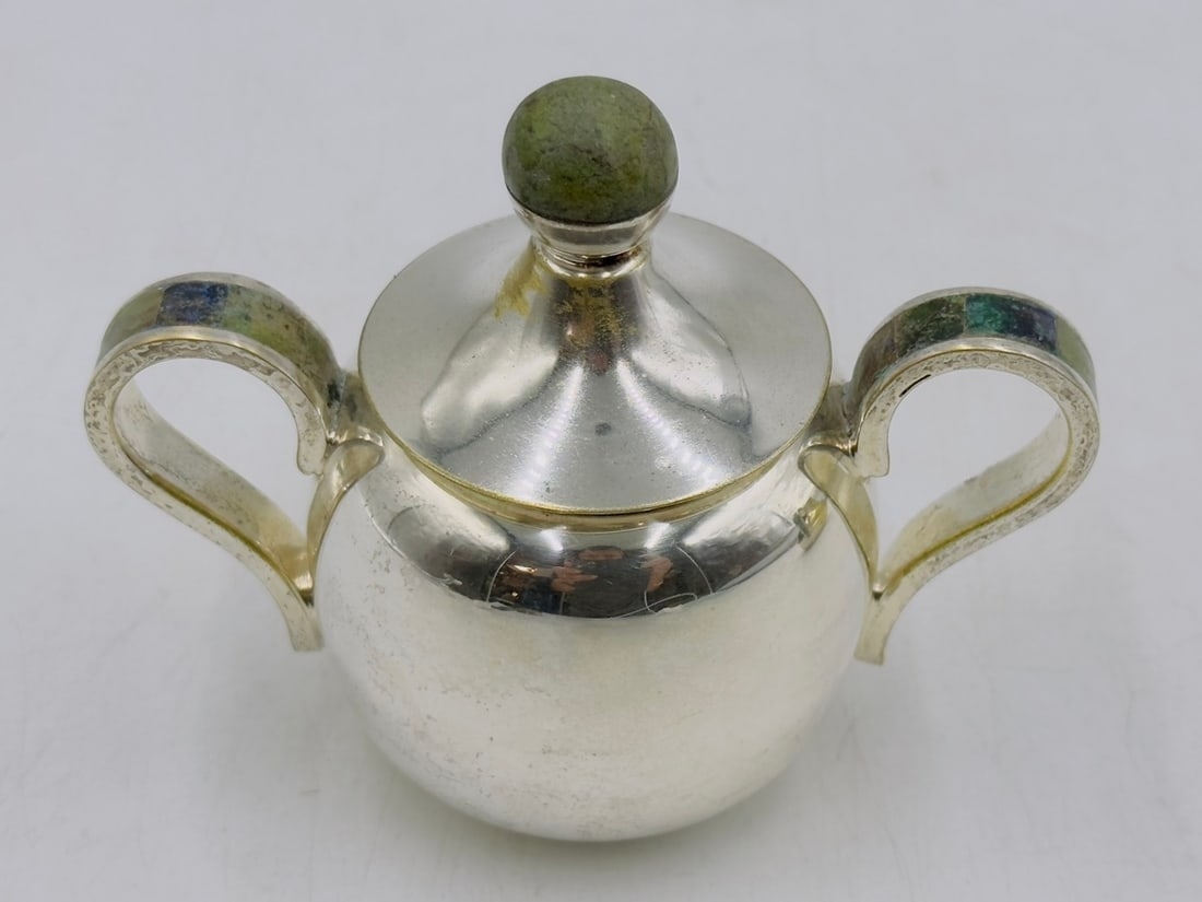 Artwork by Los Castillo, Los Castillo Creamer & Sugar Pot, Silver With Stone Inlay, Mexico 20th Century, Signed, Made of Brass