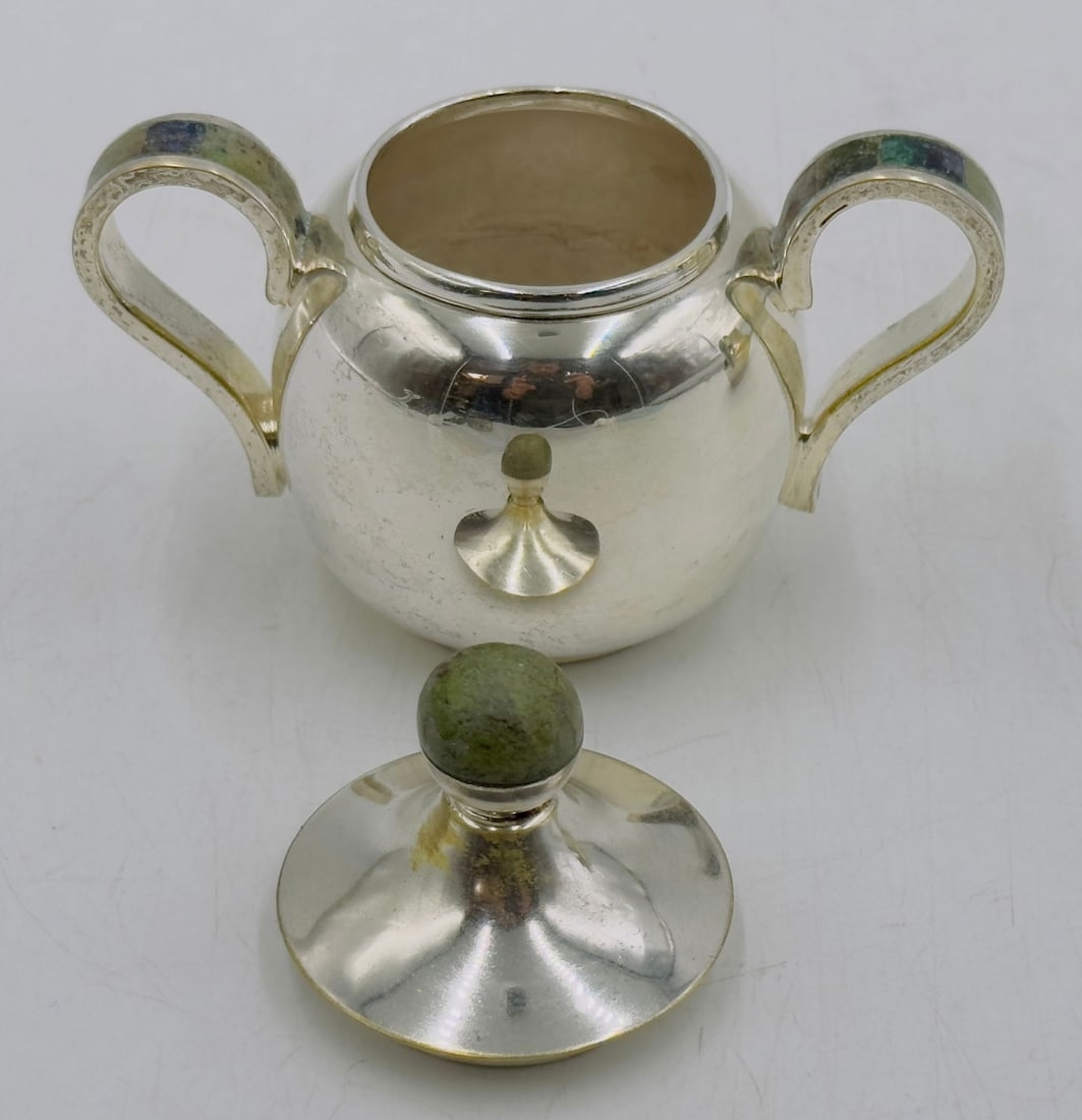 Artwork by Los Castillo, Los Castillo Creamer & Sugar Pot, Silver With Stone Inlay, Mexico 20th Century, Signed, Made of Brass