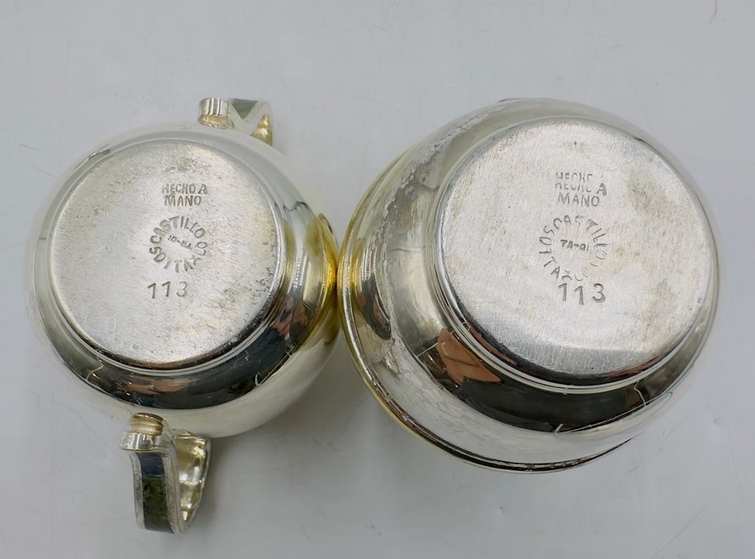 Artwork by Los Castillo, Los Castillo Creamer & Sugar Pot, Silver With Stone Inlay, Mexico 20th Century, Signed, Made of Brass