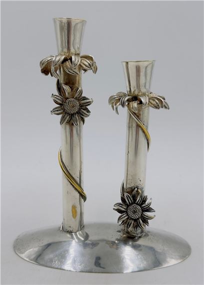 Los Castillo Sunflower Silver Candle Holders, Mexico Mid 20th Century, Signed