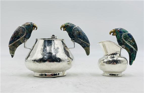 Silverplate, Malachite & Lapis Lazuli Creamer Pitcher, Sugar Pot & Spoon by Los Castillo by Los Castillo, 1960