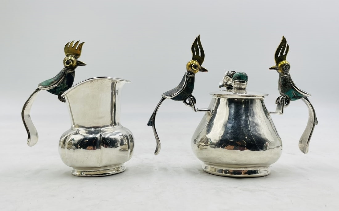 Artwork by Los Castillo, Bird of Paradise Creamer, Sugar Pot & Spoon by Los Castillo, Mexico 1970's, Made of Brass