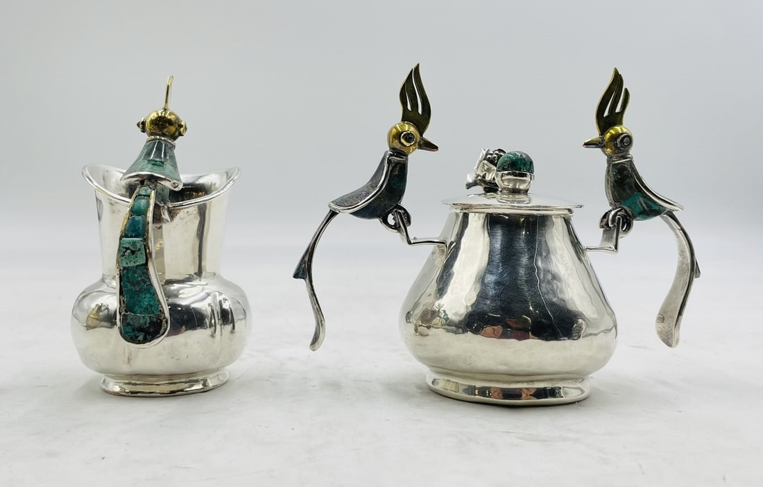 Artwork by Los Castillo, Bird of Paradise Creamer, Sugar Pot & Spoon by Los Castillo, Mexico 1970's, Made of Brass