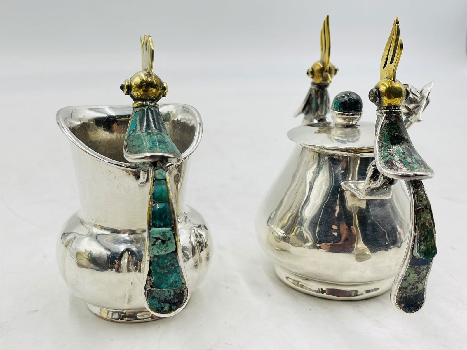 Artwork by Los Castillo, Bird of Paradise Creamer, Sugar Pot & Spoon by Los Castillo, Mexico 1970's, Made of Brass