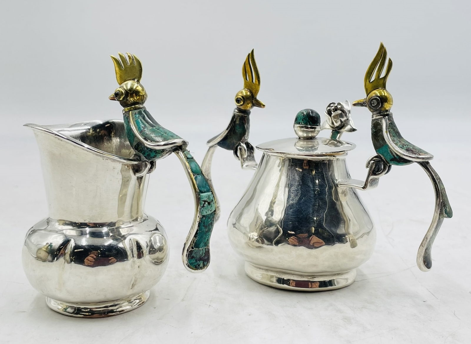 Artwork by Los Castillo, Bird of Paradise Creamer, Sugar Pot & Spoon by Los Castillo, Mexico 1970's, Made of Brass