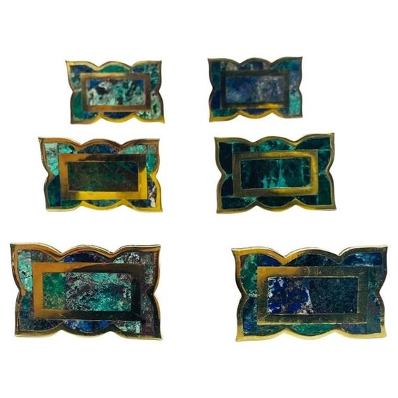 Cabinet Pulls in Brass, Malachite & Azurite Stone inlay by Los Castillo, Mexico 1950s