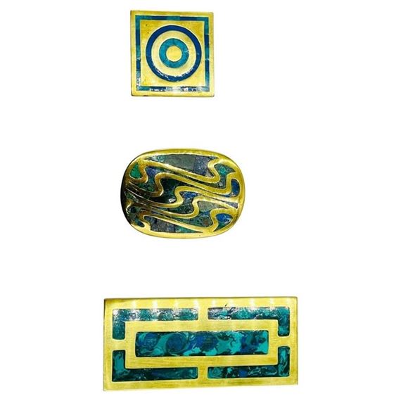 Set of 3 Large Door Pulls in Brass & Stone Inlay by Los Castillo, Mexico 1950's