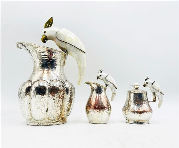 Large Parrot Pitcher, Creamer Pitcher, Lidded Sugar Pot and Ladle by Los Castillo by Los Castillo, 1960s