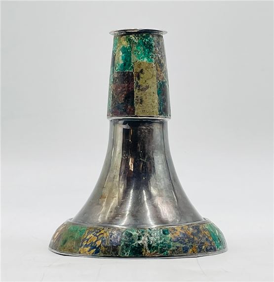 Silver Plated Candle Holder with Azurita & Malachite Inlay by Los Castillo, Mexico 1980's by Los Castillo, 1980