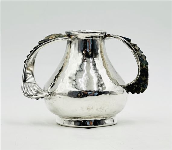 Silver & Hardstone Vase With Fish Handles by Los Castillo. Mexico 1980's