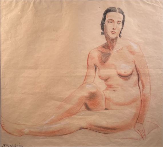 Robert MAHELIN (1889-1968) Nude woman seated on a cushion Sanguine and charcoal on paper, signed lower left 36.5 x 41.5 cm - Robert Mahelin