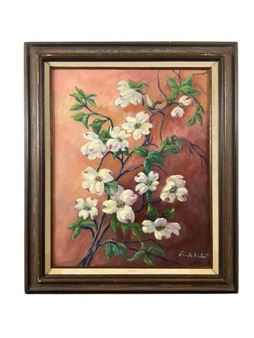 White blossoms on a branch against a muted pink and orange background - Annette Meckes