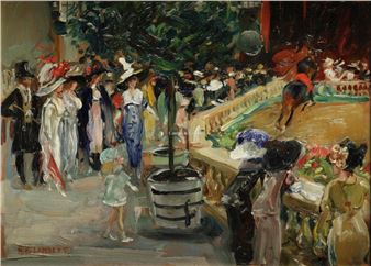 A vibrant Impressionist painting of a crowded outdoor gathering with horse racing in the background.